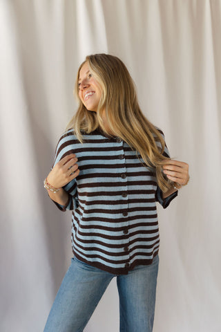 Lenora Stripe Short Sleeve Cardigan, Dark Brown - The Red Thread Boutique