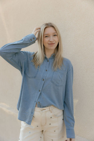 Z Supply Reese Jersey Denim Button Up, Santorini Indigo - The Red Thread Boutique