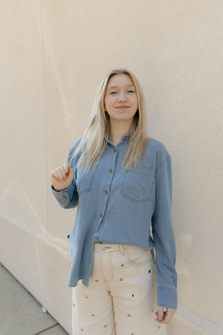 Z Supply Reese Jersey Denim Button Up, Santorini Indigo - The Red Thread Boutique