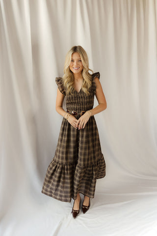 Josie Plaid Smocked Dress, Brown
