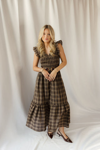 Josie Plaid Smocked Dress, Brown