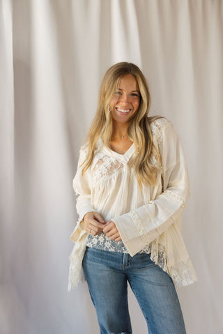 Perry Lace Studded V Neck, Natural - The Red Thread Boutique