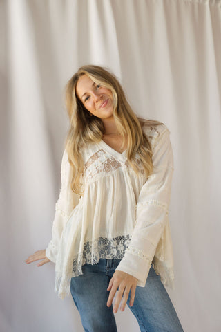 Perry Lace Studded V Neck, Natural - The Red Thread Boutique
