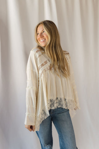 Perry Lace Studded V Neck, Natural - The Red Thread Boutique