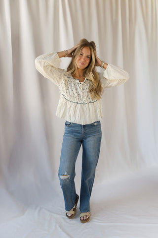 Keely Floral Patched Top, Cream - The Red Thread Boutique