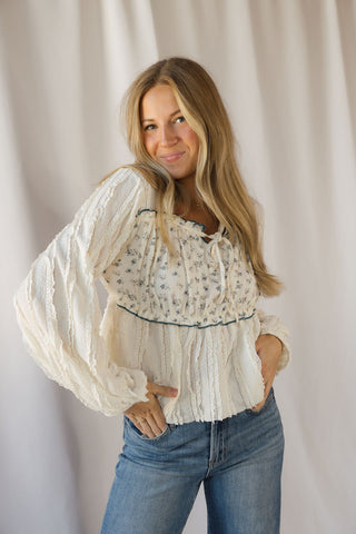 Keely Floral Patched Top, Cream - The Red Thread Boutique