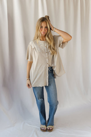 Cecily Button Down Boho Top, Mushroom - The Red Thread Boutique