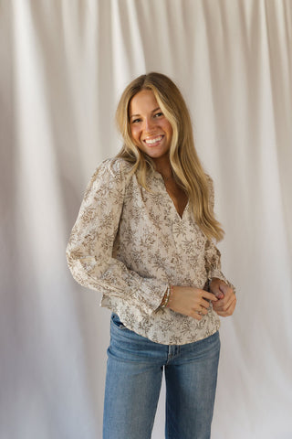 Danielle Floral Linen Top, Natural - The Red Thread Boutique