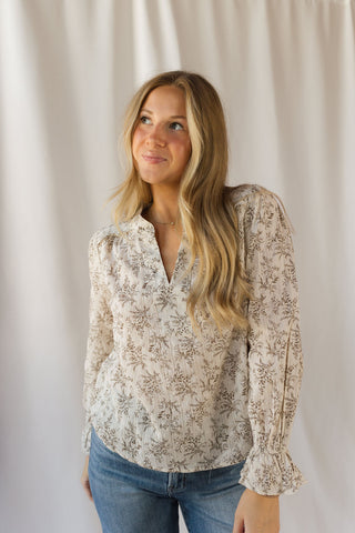 Danielle Floral Linen Top, Natural - The Red Thread Boutique