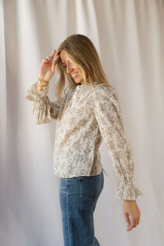 Danielle Floral Linen Top, Natural - The Red Thread Boutique