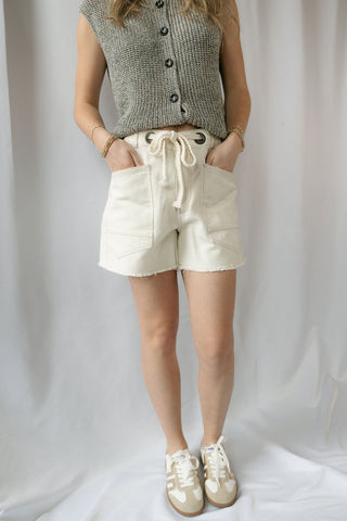 Millie Drawstring Shorts, Ecru - The Red Thread Boutique