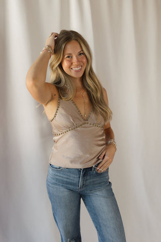 Avis Studded Satin V Tank, Taupe - The Red Thread Boutique