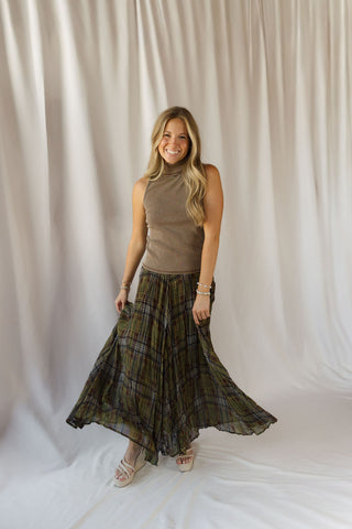Marenna Plaid Crinkle Maxi Skirt, Olive - The Red Thread Boutique