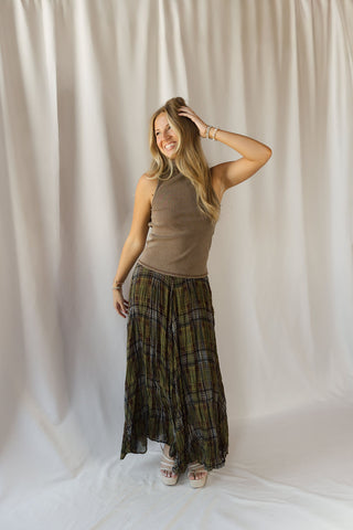 Marenna Plaid Crinkle Maxi Skirt, Olive - The Red Thread Boutique