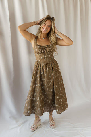 Hannah Eyelet Floral Dress, Brown - The Red Thread Boutique