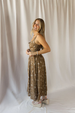 Hannah Eyelet Floral Dress, Brown - The Red Thread Boutique