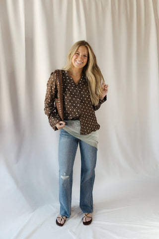 Nutmeg Polka Dot Collared Top, Brown - The Red Thread Boutique