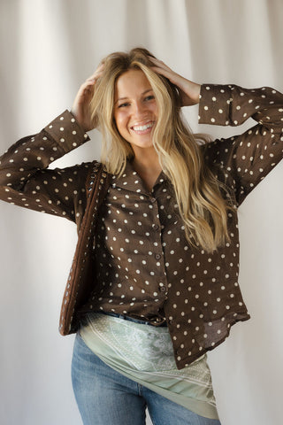 Nutmeg Polka Dot Collared Top, Brown - The Red Thread Boutique