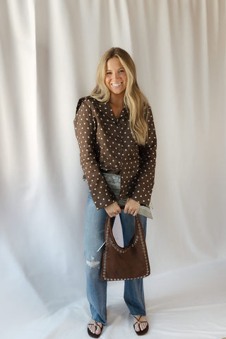 Nutmeg Polka Dot Collared Top, Brown - The Red Thread Boutique