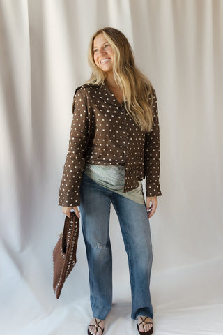 Nutmeg Polka Dot Collared Top, Brown - The Red Thread Boutique