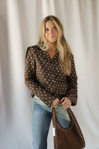 Nutmeg Polka Dot Collared Top, Brown - The Red Thread Boutique