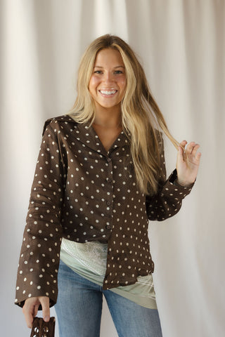 Nutmeg Polka Dot Collared Top, Brown - The Red Thread Boutique