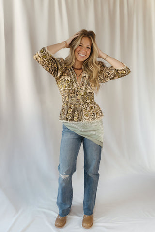 Holland Floral Printed Top, Brown/Olive - The Red Thread Boutique