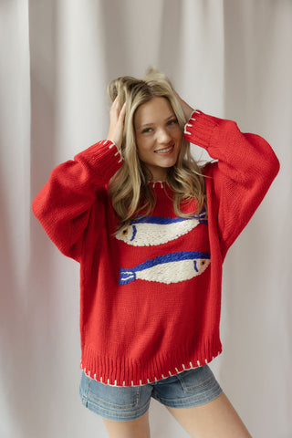Sardines Knit Sweater, Red - The Red Thread Boutique