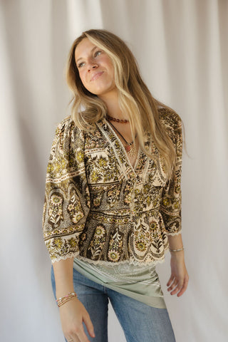 Holland Floral Printed Top, Brown/Olive - The Red Thread Boutique