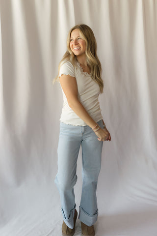 Lace Trim Basic Scoop Neck, Ivory