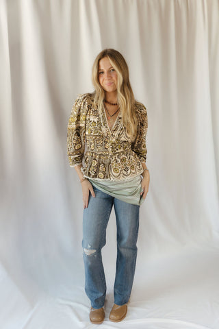 Holland Floral Printed Top, Brown/Olive - The Red Thread Boutique