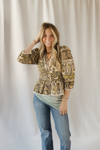 Holland Floral Printed Top, Brown/Olive - The Red Thread Boutique