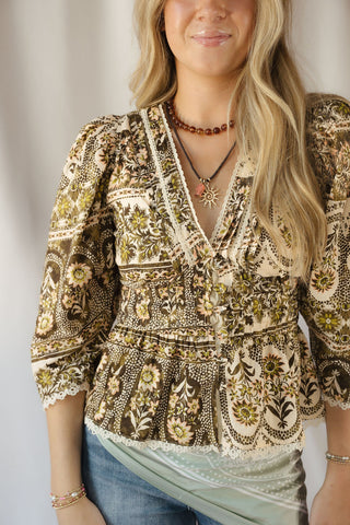 Holland Floral Printed Top, Brown/Olive - The Red Thread Boutique