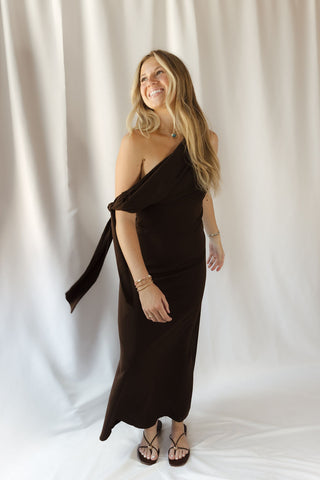 Frankie Satin Dress, Brown - The Red Thread Boutique