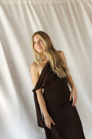 Frankie Satin Dress, Brown - The Red Thread Boutique