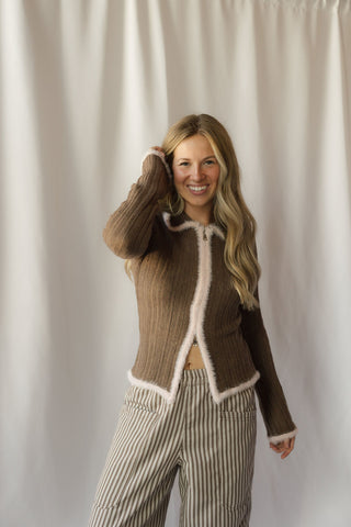 Jacquie Zip Sweater, Pink/Brown