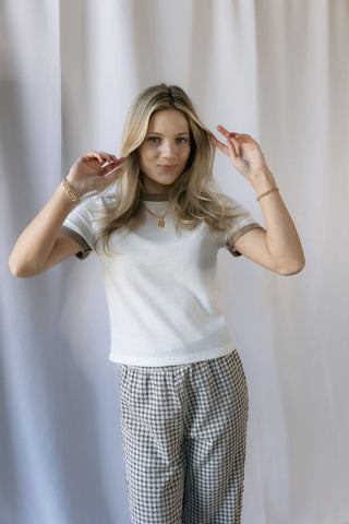 Mila Waffle Tee, White/Mocha - The Red Thread Boutique