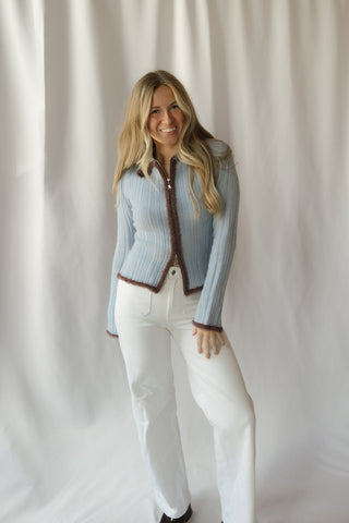 Jacquie Zip Sweater, Blue/Brown