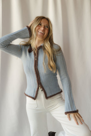 Jacquie Zip Sweater, Blue/Brown
