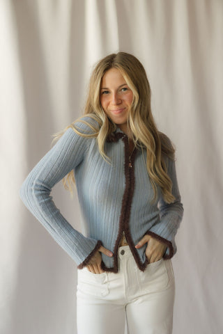 Jacquie Zip Sweater, Blue/Brown