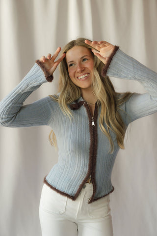 Jacquie Zip Sweater, Blue/Brown