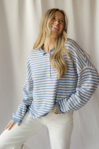 Paige Stripe Henley Sweater, Blue