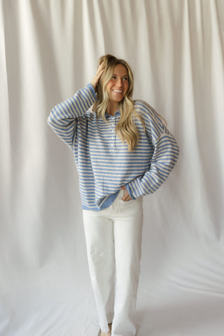 Paige Stripe Henley Sweater, Blue