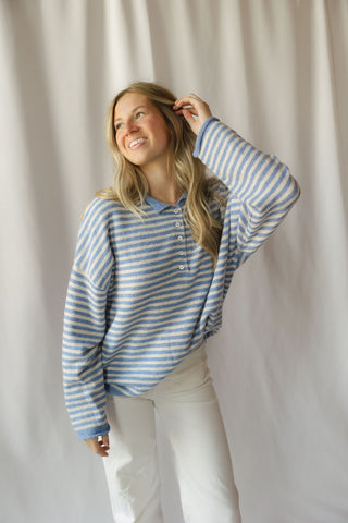 Paige Stripe Henley Sweater, Blue