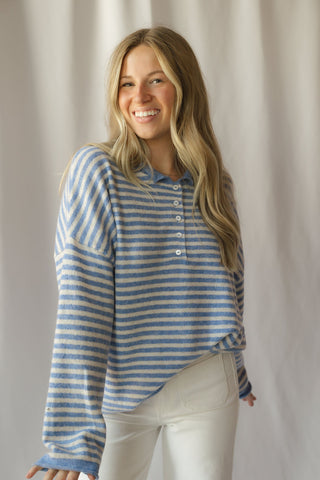Paige Stripe Henley Sweater, Blue