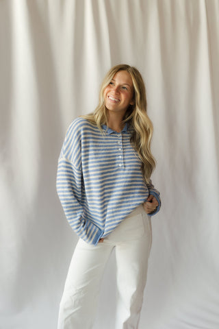 Paige Stripe Henley Sweater, Blue