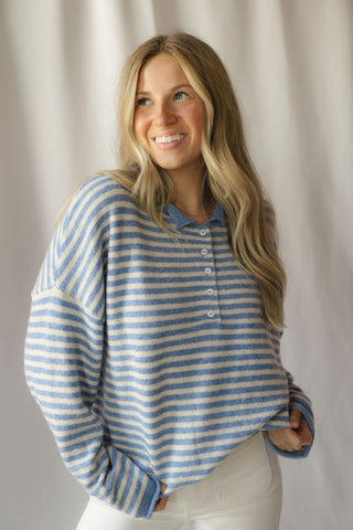 Paige Stripe Henley Sweater, Blue