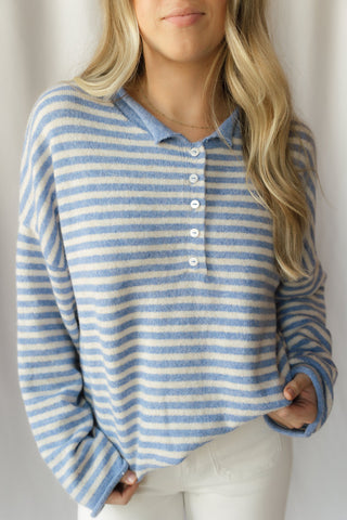 Paige Stripe Henley Sweater, Blue