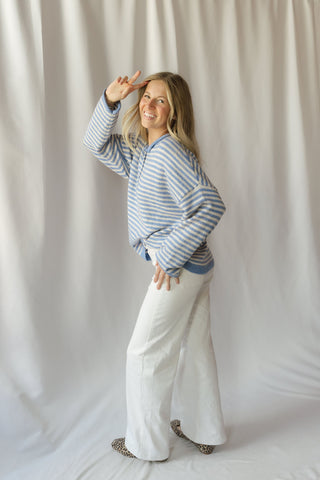 Paige Stripe Henley Sweater, Blue