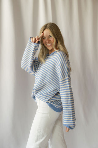 Paige Stripe Henley Sweater, Blue